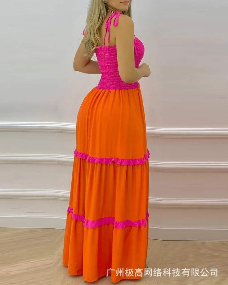 Summer Women's Fashionable Casual Maxi Dress Smocked Bust Sling Design with Tiered Ruffle Trim Sling Long Dress ﻿