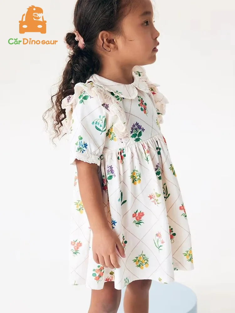 

2025 Summer New 3 4 5 6 8 10 12 Years Children Cotton Beautiful Pretty Sweet Full Print Plaid Short Sleeve Baby Kids Girls Dress