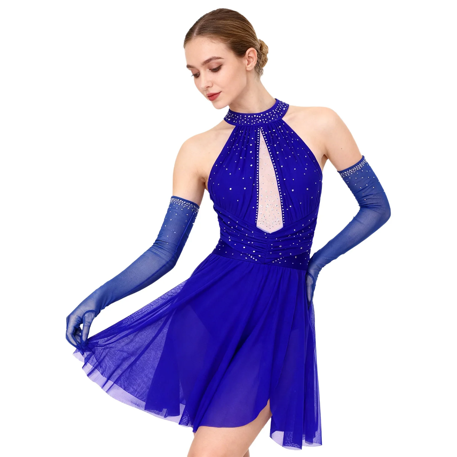 Strój gimnastyczny dla kobiet, sukienka do łyżwiarstwa figurowego, taniec, tańce latynoamerykańskie, zestaw konkursowy, sukienka bez pleców z dżetami, bez rękawów + rękawiczki