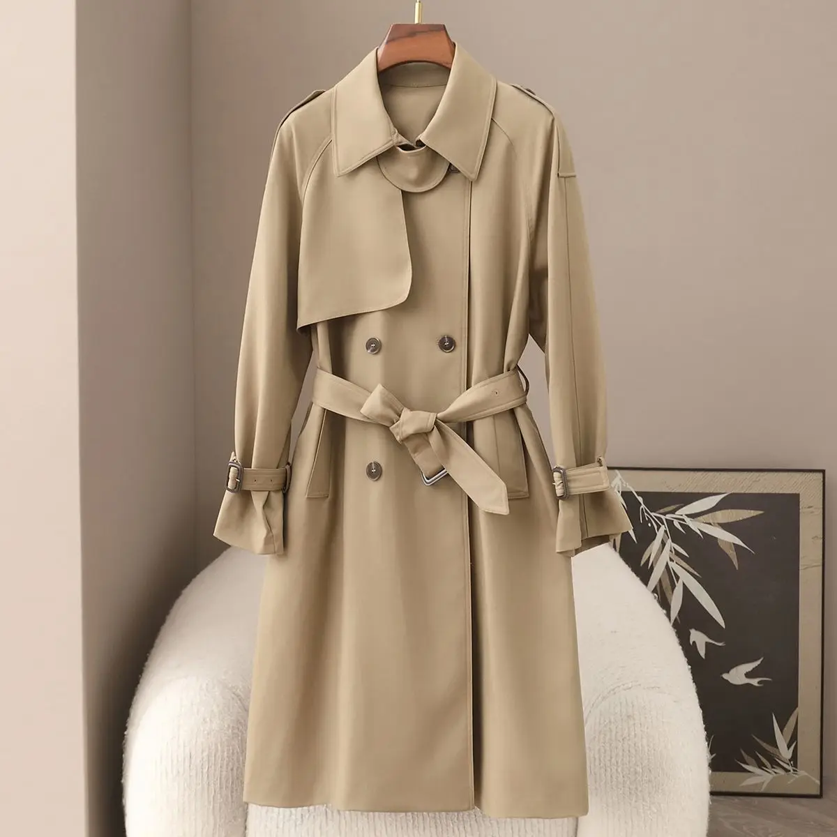 

Весенний новый простой тренч на шнуровке в британском стиле, длинное женское пальто