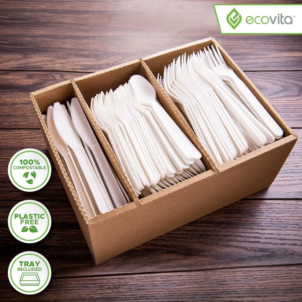 

100% Compostable Forks Spoons Knives Cutlery Combo Set - 380 Large Disposable Utensils (7 in.) Eco Friendly - NEW