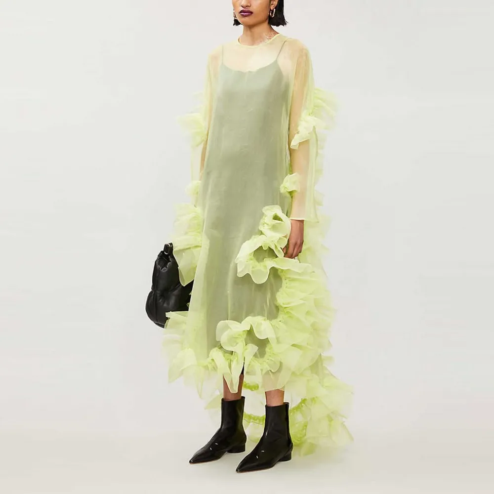 

High Low Illusion Tulle Dresses O Neck Ruffles See Through Birthday Dress Custom Made Long Sleeves Girls Birthday Gowns