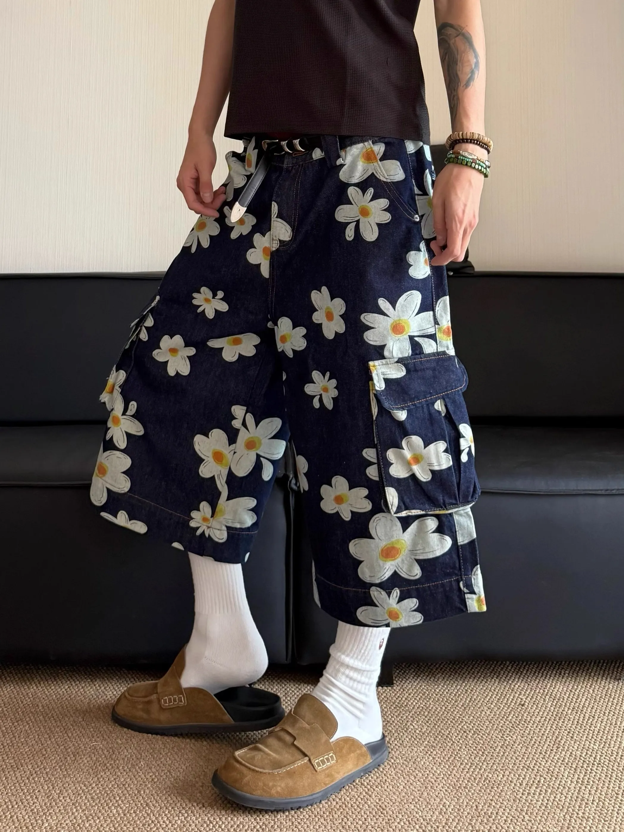 

High Waist Retro Blue Washed Denim Shorts Women's Harajuku Vintage Fashion Casual Loose Y2K Streetwear Wide Leg Cropped Pants
