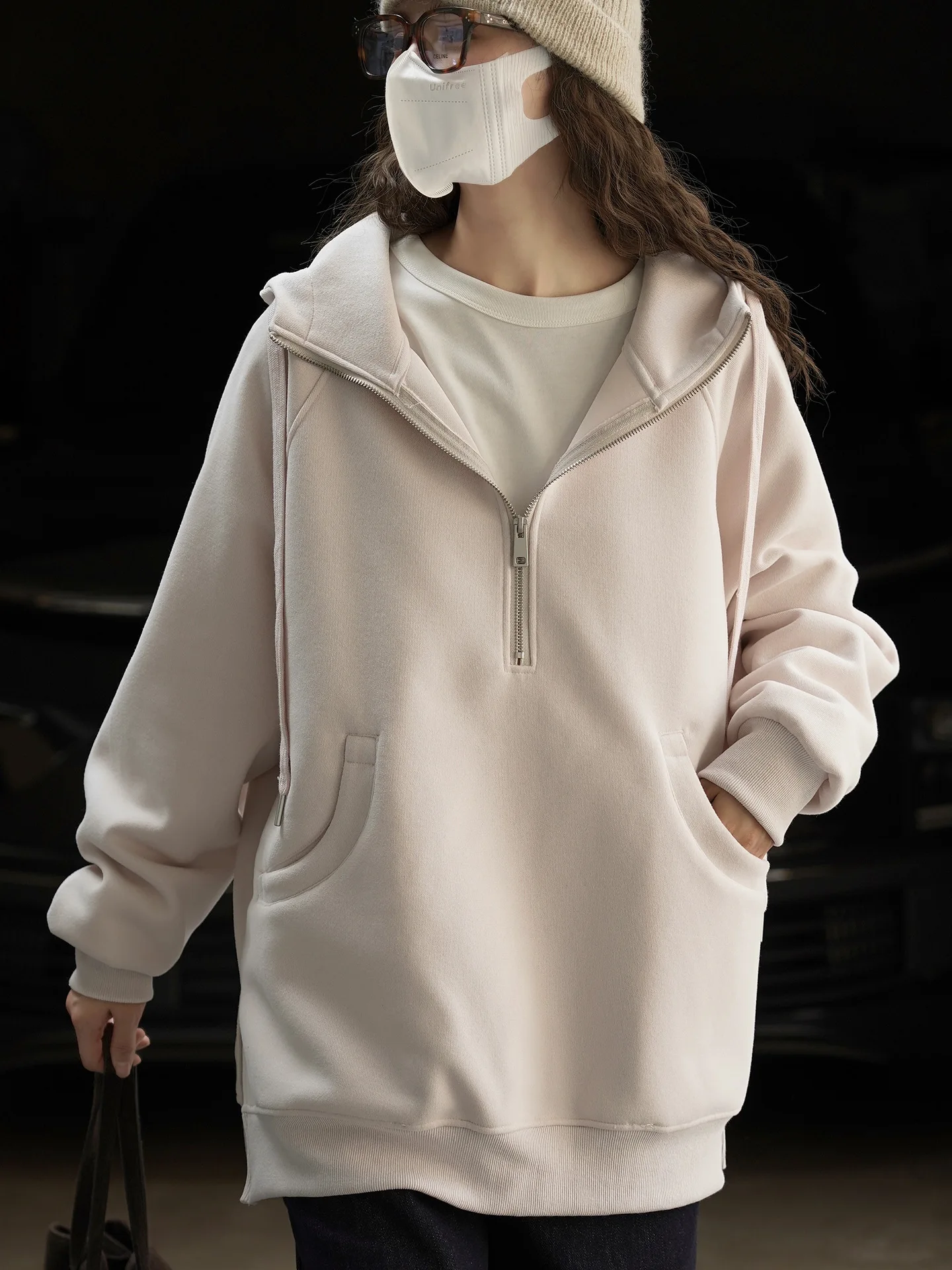 Moda Bai Dai media cremallera bolsillo curvo sudadera con capucha casual envejecido superior para mujeres