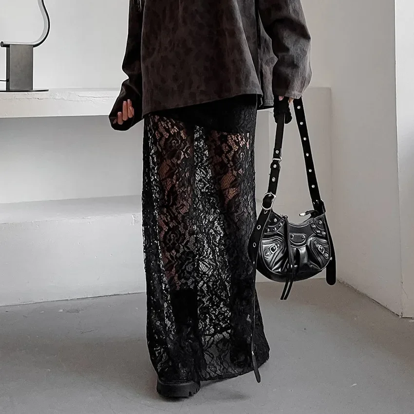 Vintage Skirts for Women Sexy Lace See Through Slim Long Skirt Fashion Elegant Temperament Spice Girl Black Skirts with Liner
