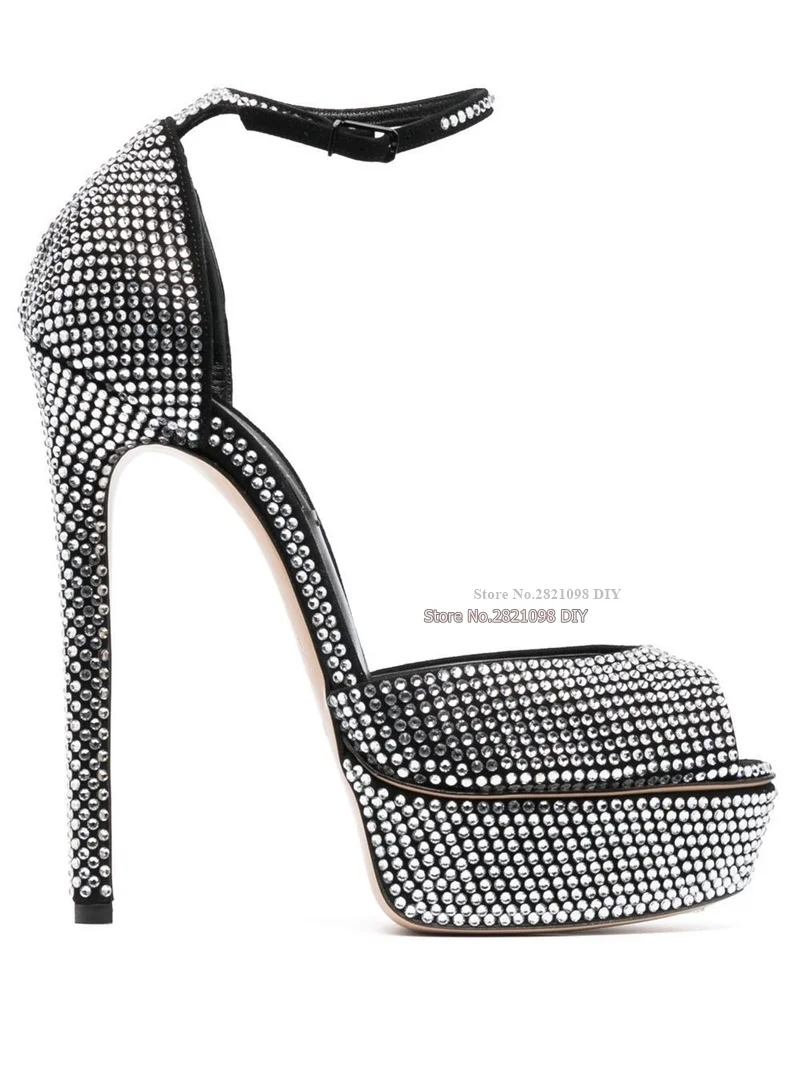 Black Rhinestone Embellished Pumps Women Platform Peep Toe Stiletto Heel Low Cut Ankle Wrap Glamorous Dress Shoes