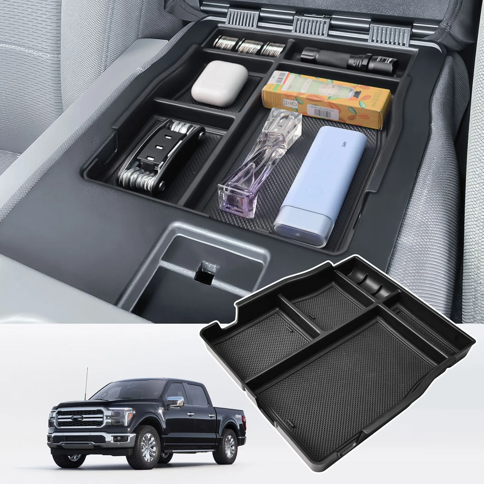 

Front Center Seat Organizer for 2015-2024 2025 Ford F150 Accessories Jump Seat Armrest Storage Box Tray Secondary Car Organizer