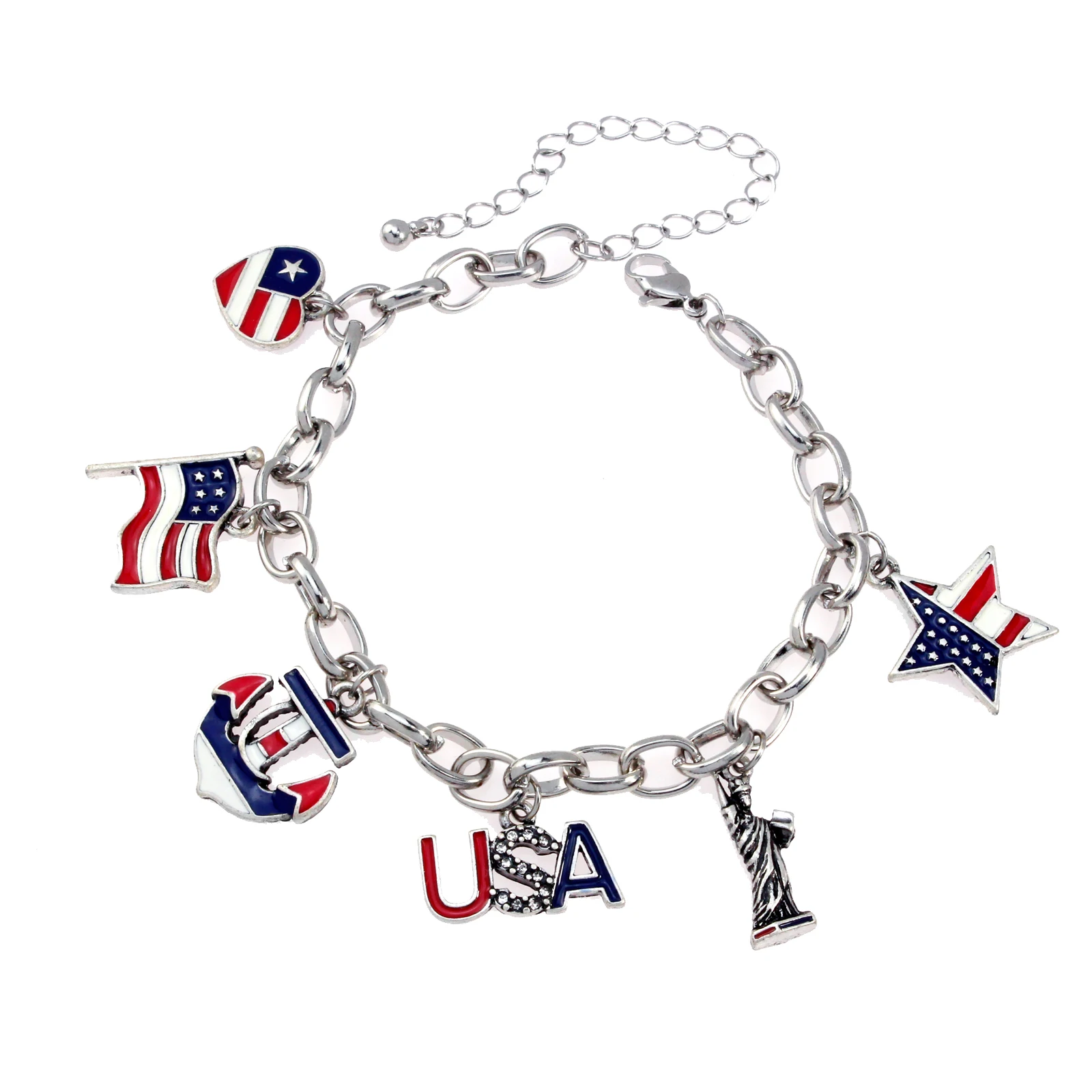 

2024 New Fashion High Quality Silver Color American Flag Chain Bracelet for Women-Vintage Punk Bracelet, USA Flag Bracelets Fits
