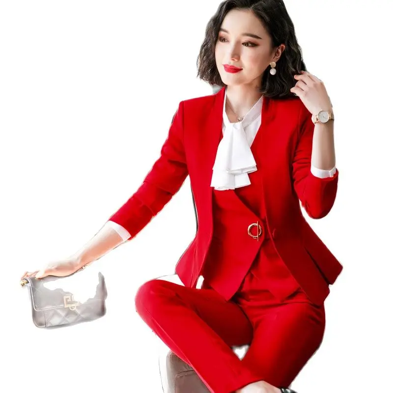 

Autumn Winter Uniformm Styles Formal Women Business Suits Professional Ladies Office Work Wear Pantsuits Blazers Elegant Red