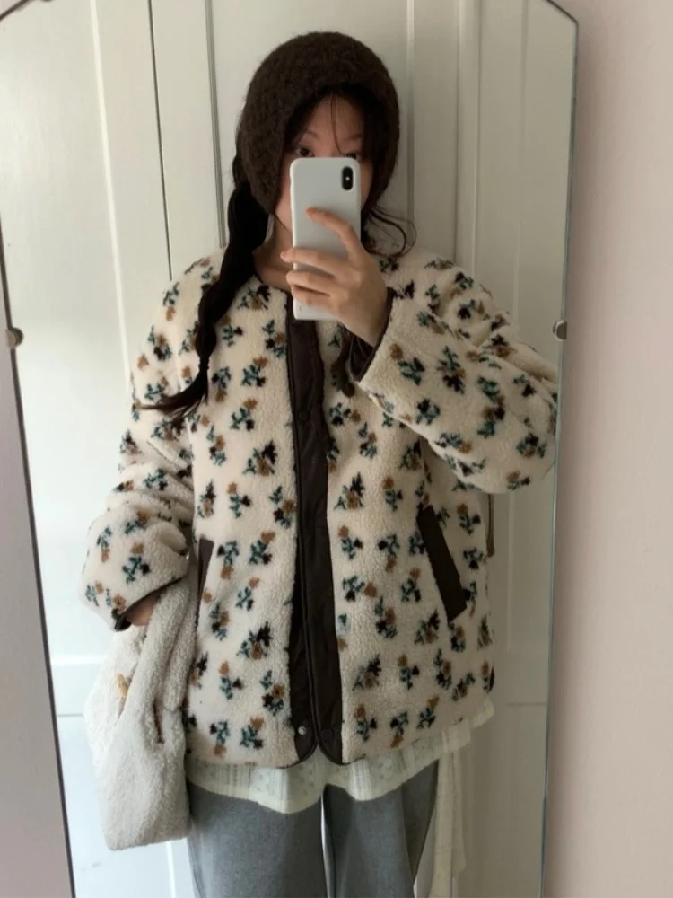 Koreański płaszcz z futra jagnięcego, dwustronny, z efektem matowego wykończenia, w kwiatowy wzór, kolorowy, bawełniany, damski, leniwy płaszcz zimowy, odzież wierzchnia.
