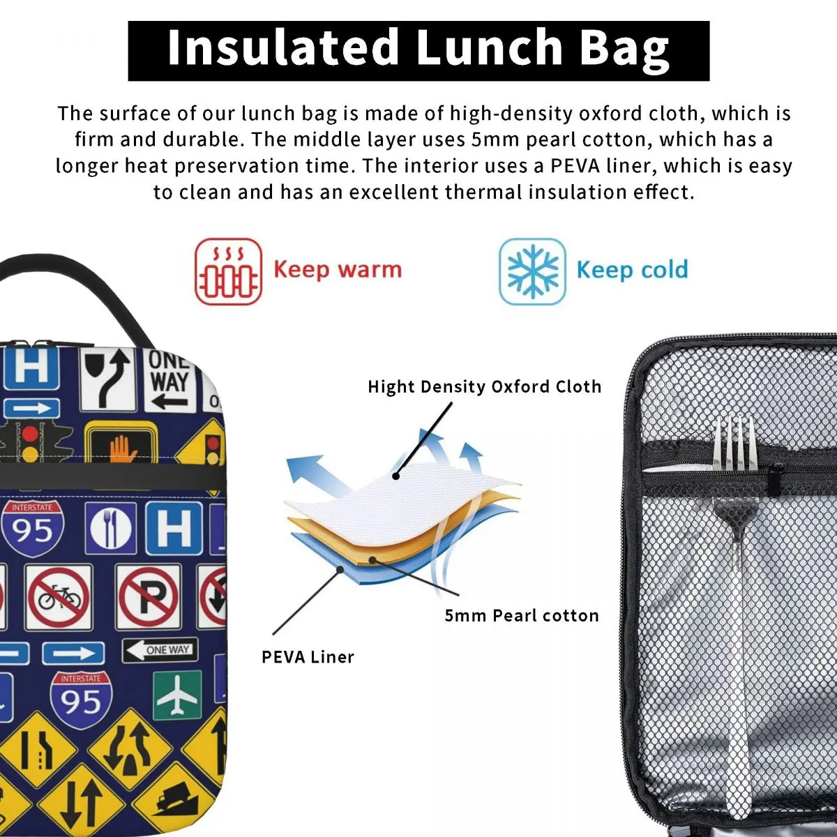 Road Signs, Regulations Signs Insulated Lunch Bag for Women Children Portable Food Boxes Thermal Lunch Box Tote