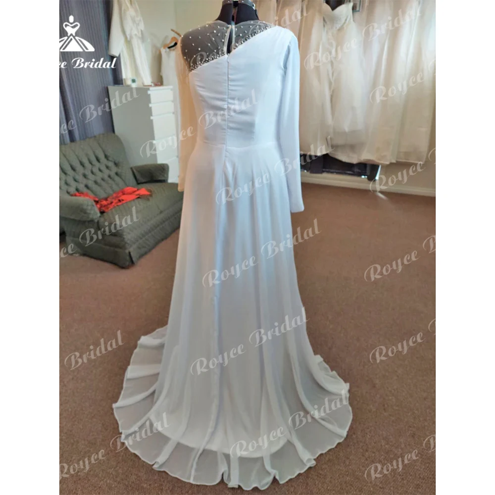 Boho completo boné manga beading plissado chiffon a linha vestido de casamento para as mulheres simples o pescoço vestido de noiva varrer robe de mariée vestido