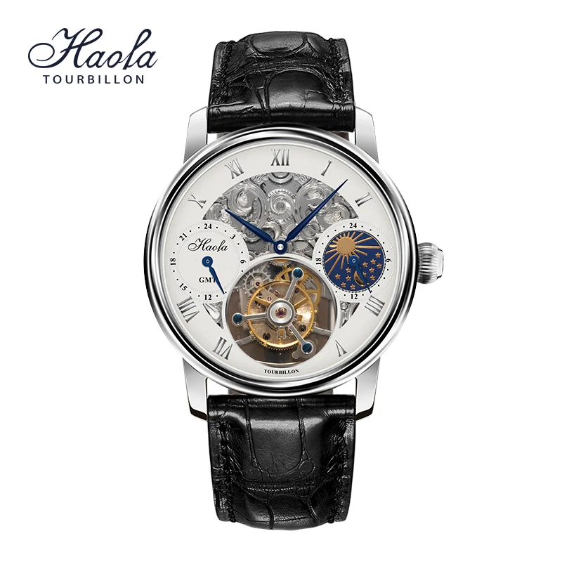 Haofa GMT Tourbillon Movement Wristwatch for Men Skeleton Luxury Moonphase Mechanical Sapphire Watches Mens 1028