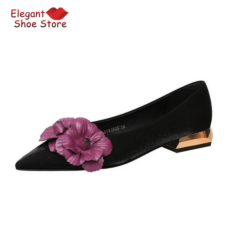 Flower Decor Satin Flat Shoes Elegant Versatile Pointed Toe Metal Thick Heel Pumps Summer New Shallow Comfortable Women's Shoes
