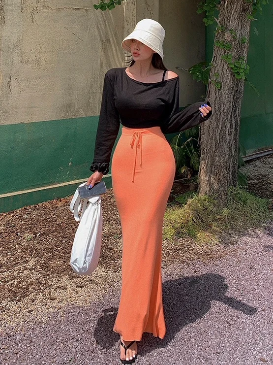 Dongda Gate Sexy Comfortable 2025 New High Waist Drawstring Pure Desire Bodycon Slimming Fish Tail Half Skirt Long Skirt