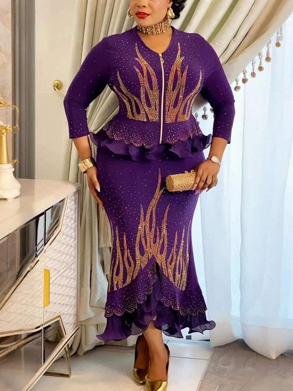 Plus Size African Clothes for Women Dashiki Diamond Luxury Wedding Evening Party Dresses 2 PCS Set Tops And Skirts Suits