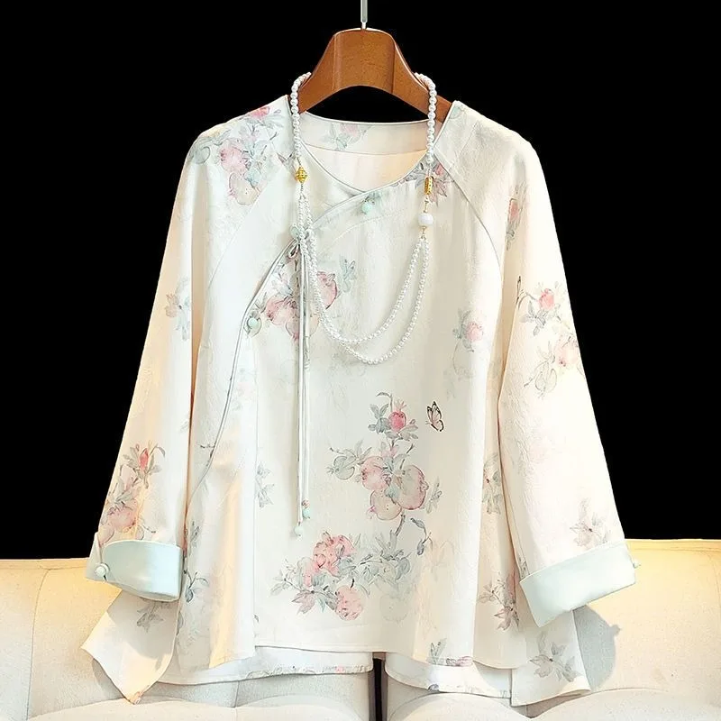 Chiffon Chinese Style Women Blouses Summer Printed Women\'s Shirts O-necks 2024 Clothing Sales Loose Short Sleeve Flower Tops