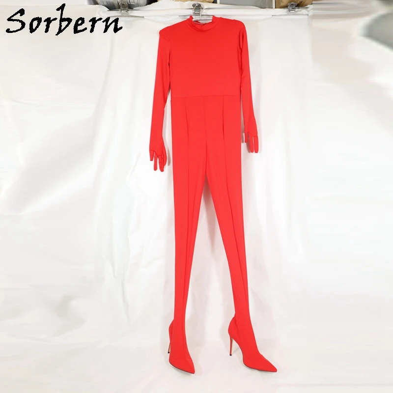 Sorbern traje de cuerpo verde oscuro, guantes largos, cuello alto, Catsuit de tacón alto personalizado para el cuerpo, tacones altos, botas de Stilettos