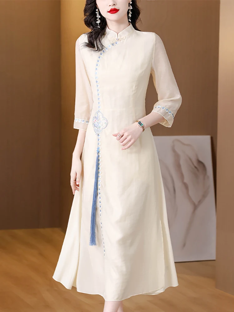 

Spring Summer Elegant Chic Embroidery Long Dress 2024 Solid Fashion Tassel Party Dress Women New Korean Casual Office Lady Dress