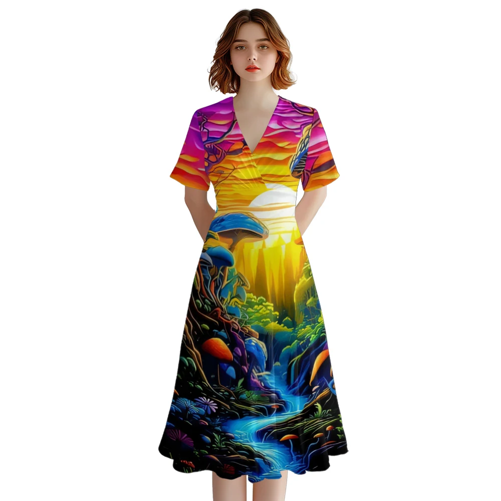 Gaun musim panas leher V gaun pesta bergaya mode wanita gaun Psychedelic A-Line gaun Malam Chic jubah trendi gadis Vestido