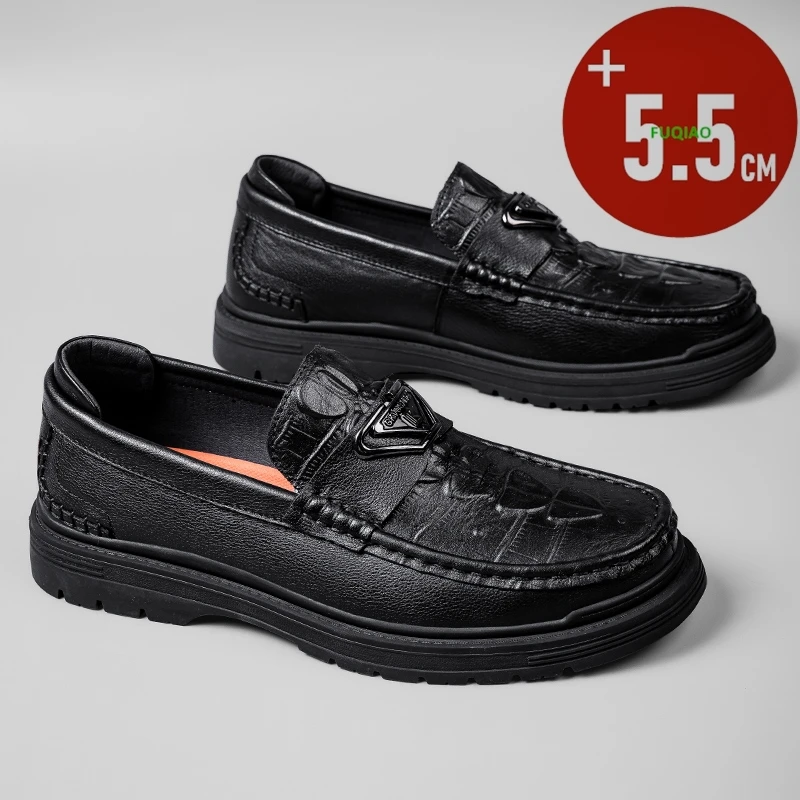 Men High Quality Genuine Cow Leather Flat/5.5cm Invisible Height Increasing Elevator Loafers Slip On Business Casual Dress Shoes