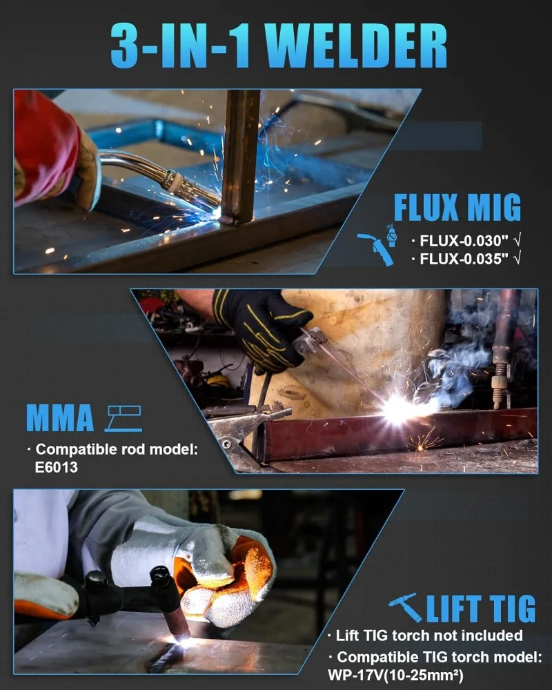 

135A 3-in-1 MIG Welder Machine 110V, Flux Core Gasless Welder/Lift TIG/Stick Welding Machine with Auto Darkening Welding Helmet