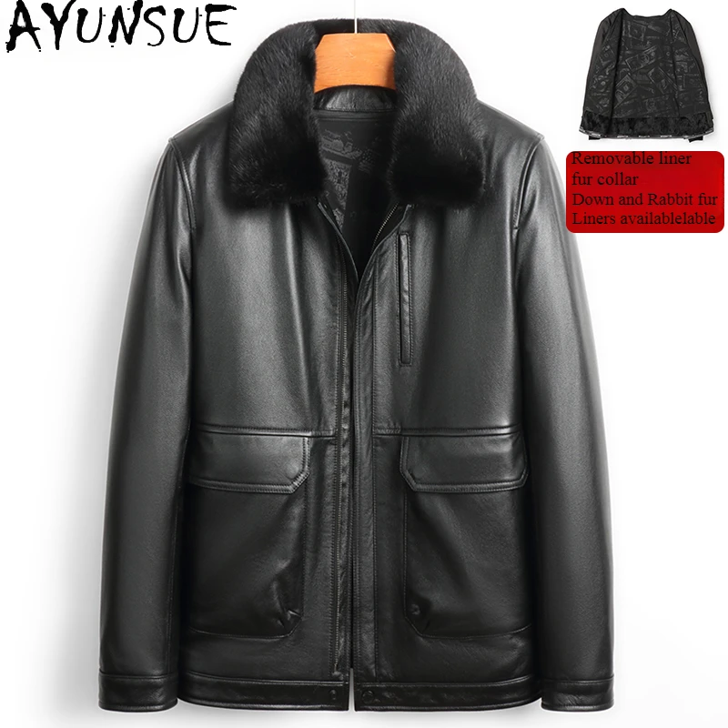 AYUNSUE Winter Genuine Cow Leather Jacket Men Natural Rabbit Fur Liner Coat Fashion Men's Down Coats Кожаная Куртка Мужская