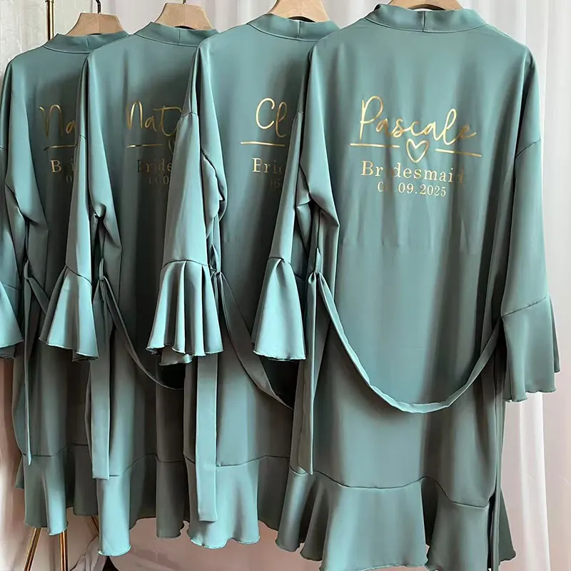 Eucalyptus Personalized Robes Custom Flounce Ruffle Robes Bridal Soft Chiffon Robe Wedding Day Dressing Gown for Bridesmaid Robe