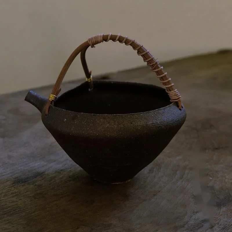 Vintage Handmade Japanese Coarse Pottery Vine Weaving Lifting Beam Cup Good Water Cut Large Mouth Piece Artistic Decor
