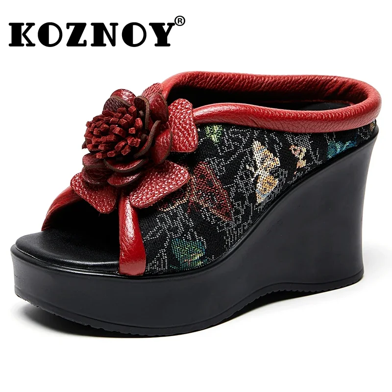 Koznoy 9cm Stretch Fabric Genuine Leather Summer Loafer British Platform Wedge Mary Jane Sandals Flower Women Moccasins Shoes