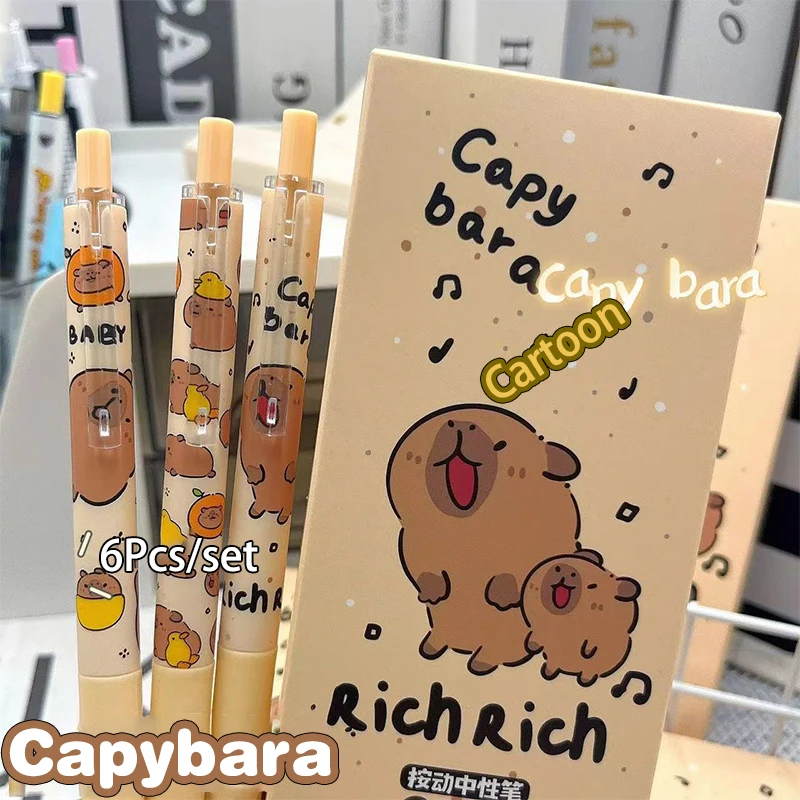 6Pcs Kawaii Cartoon Capybara Gel Pen Cute Quick-Drying Writing Smooth Pressing Neutral Pen School Supplies Aesthetic Stationery