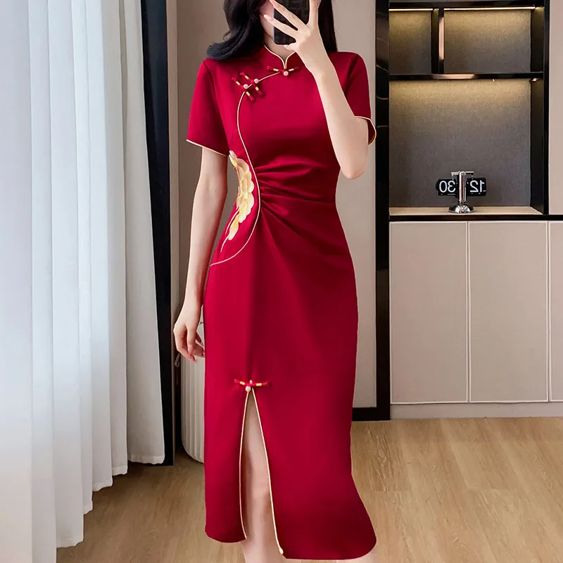 

Yourqipao New Chinese Embroidered Cheongsam Women Wedding Toast Evening Dress Red Engagement Prom Gowns