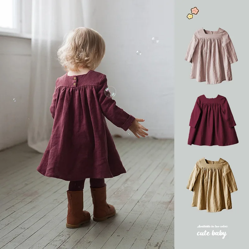 

2-8Y Baby Girls Dress New Autumn Solid Color Soft Toddler Kids Long Sleeves Princess Dress Korean Children Girls Casual Dress