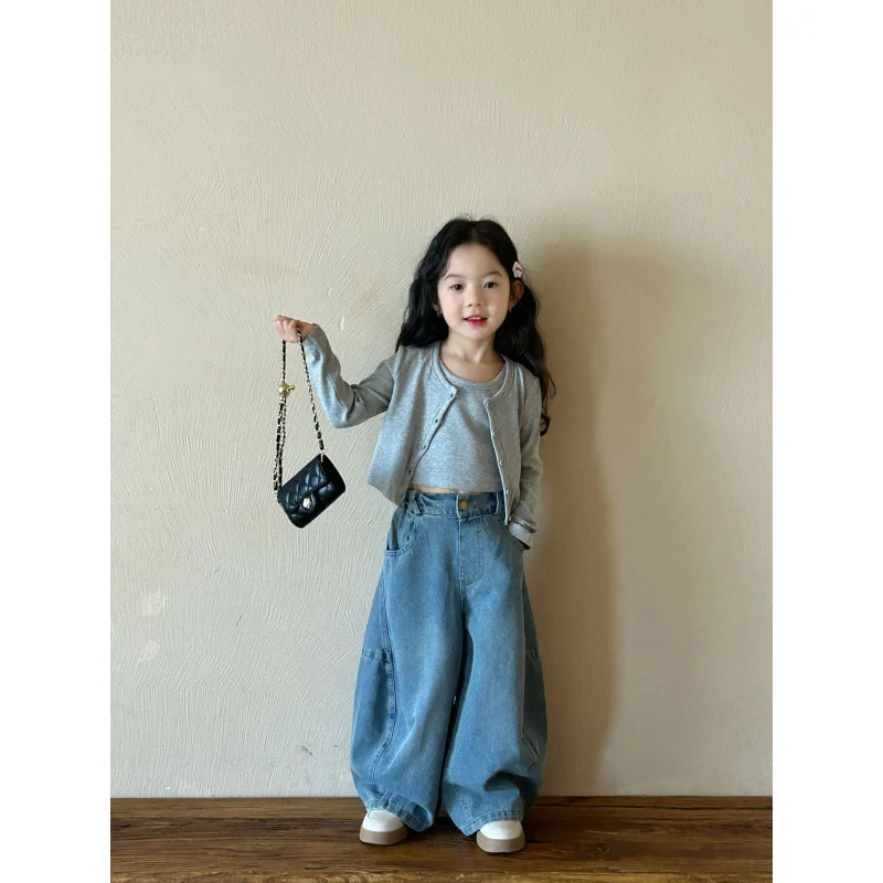 

Girls' Autumn and Winter New Korean Style Long Sleeve Cardigan Vest Casual Jeans Three Piece Set