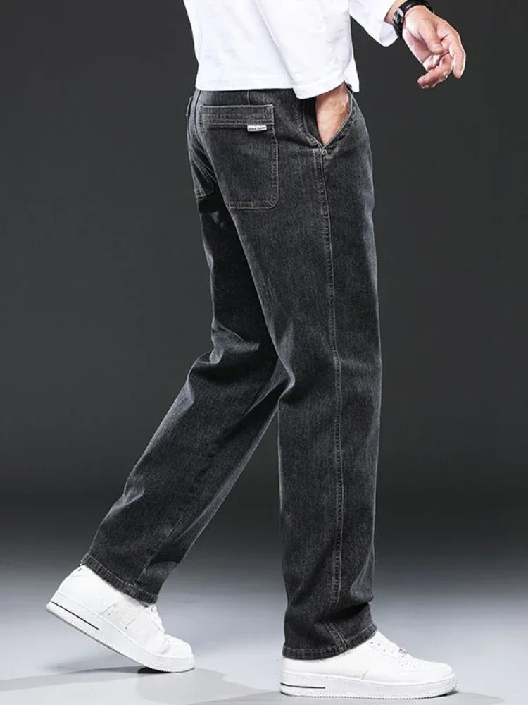 Jeans reto casual masculino com bolsos, calça elástica, calça de vaqueiro, roupas largas e largas, elásticas, tamanho grande, outono, inverno