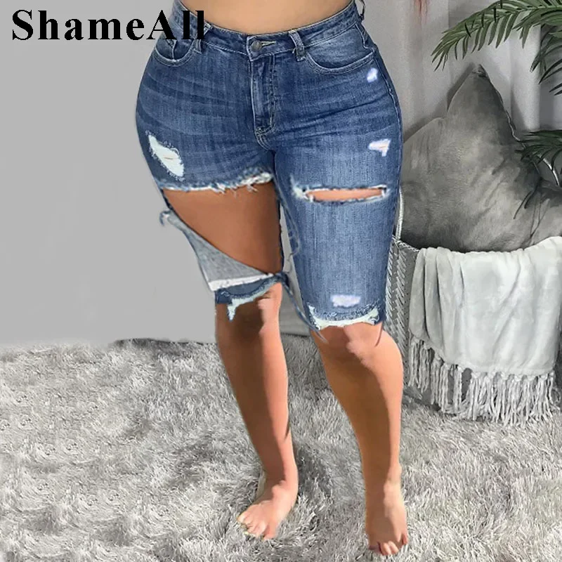 

Women Plus Size Street Fringe Stretchy Skiny Knee Length Denim Pant 5XL Summer Boyfriend Torn Ripped Fifth Jeans Grunge Bermudas