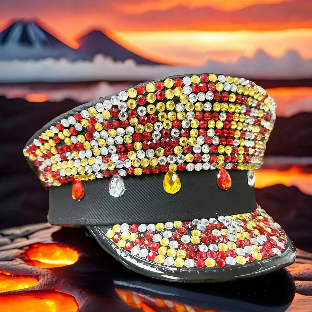 14-Luan-Casquette militaire en biscuits, rouge, jaune, blanc, petites pierres précieuses, mode, noir, marine, chapeau de fête de vacances, enterrement de vie de jeune fille