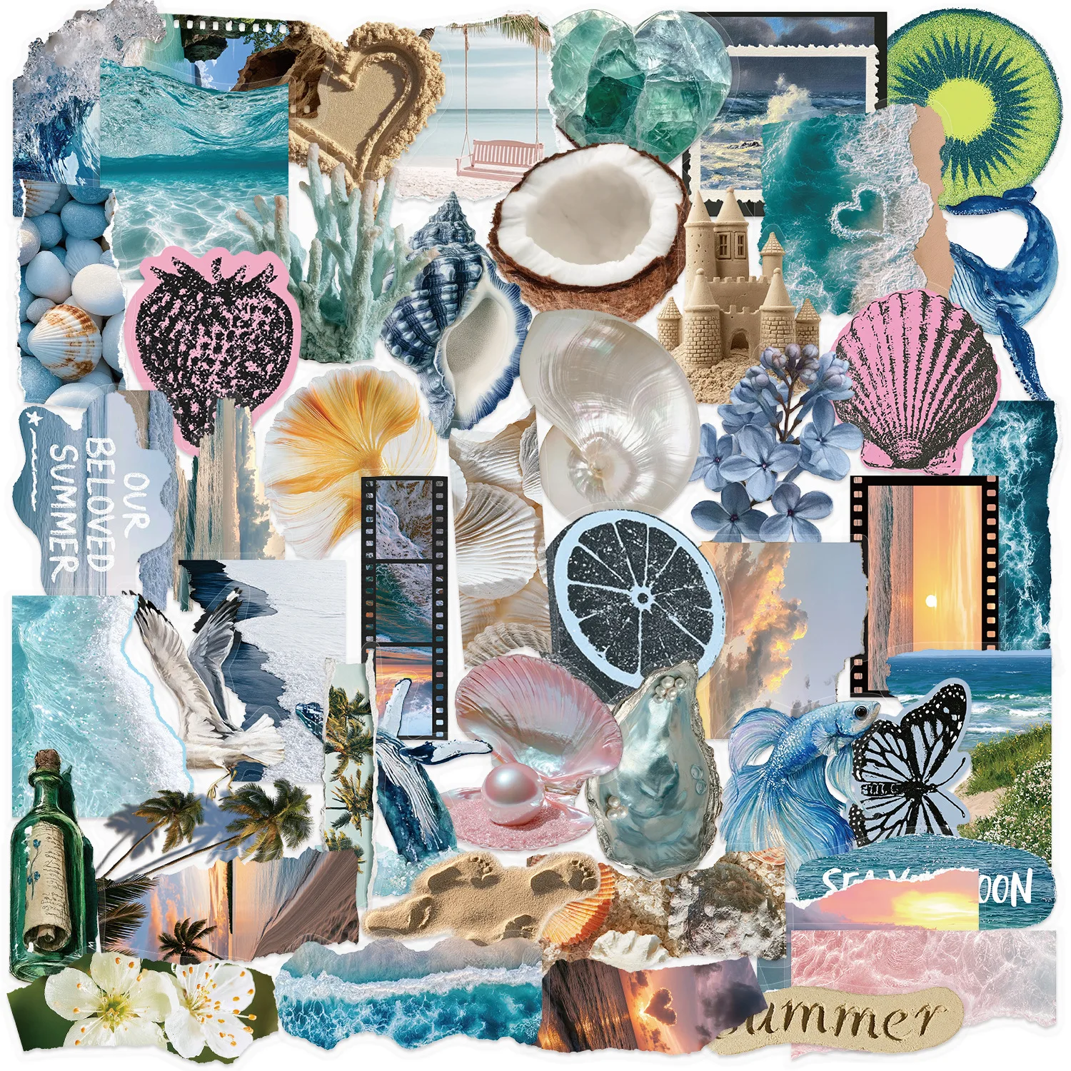 50 Pcs Cartoon Dreamy Ocean Themed Waterproof Transparent PET Stickers for Journaling And Guitar Decoration DIY Kit
