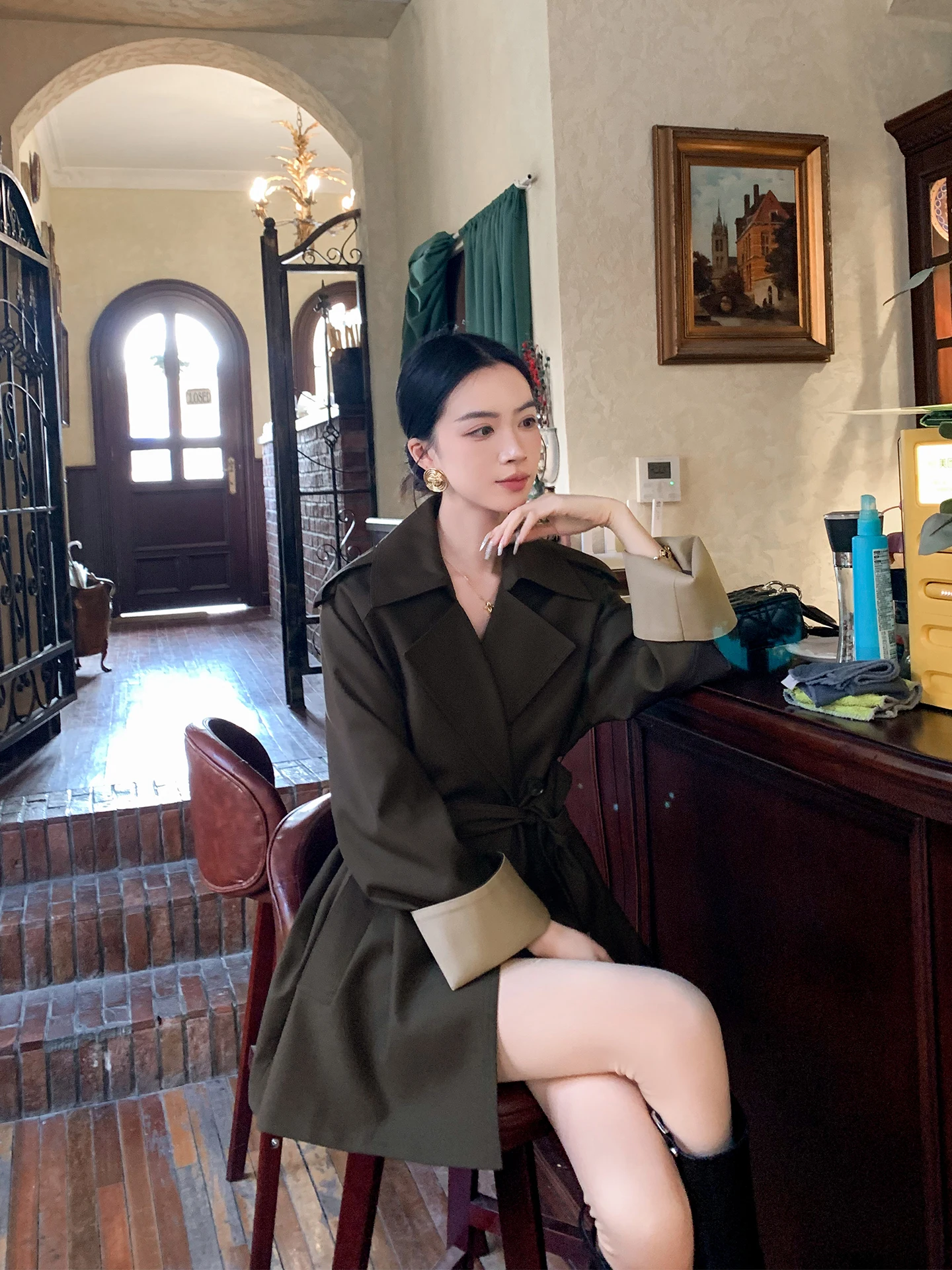 

Binguo Women's Mid-Length Belted Stand Collar Jacket Spring New Korean Style Slimming Design Sense Outerwear Fashionable