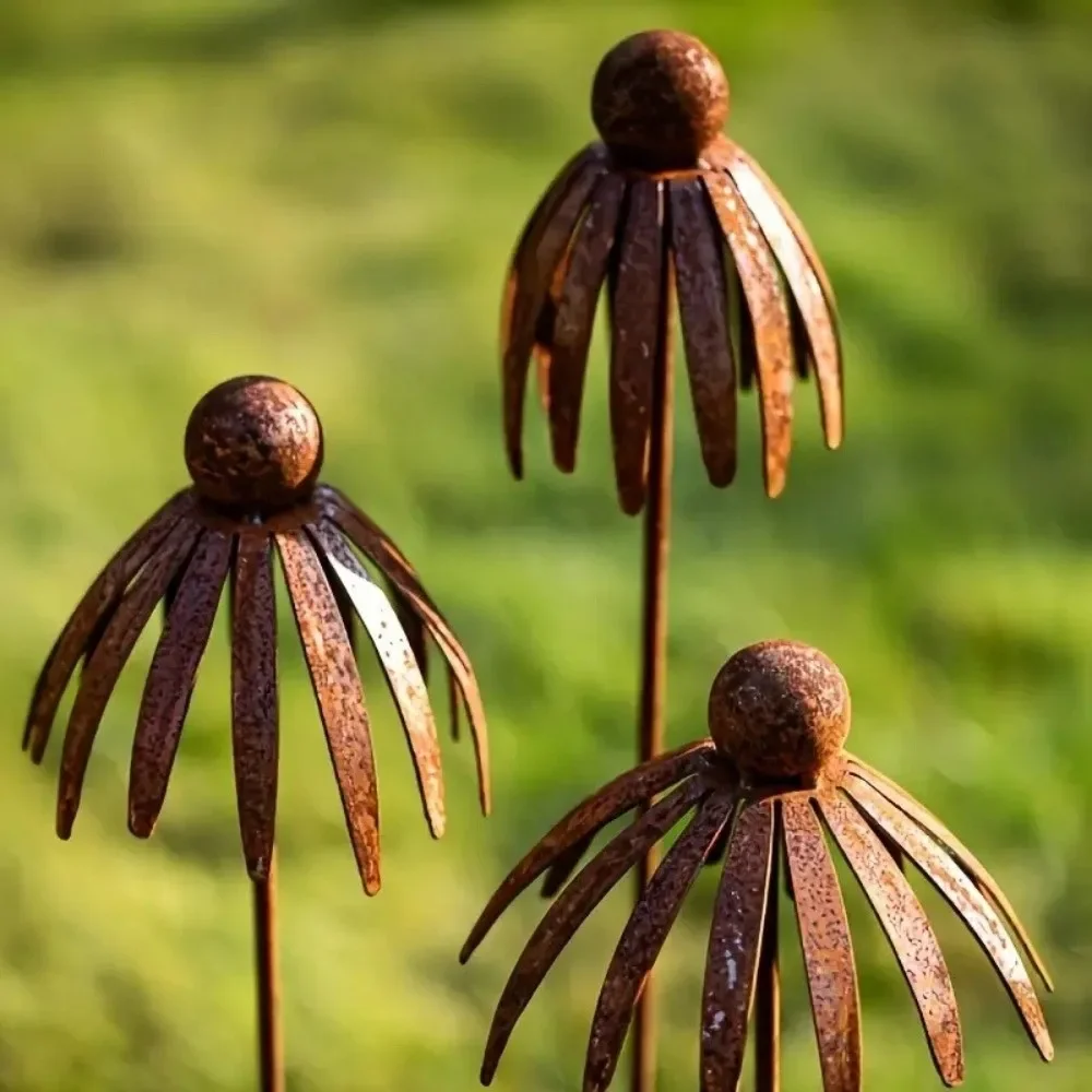 Rostiger Eisen-Metall-Gänseblümchen-Pflanzstab, lange, wetterbeständige, gebogene Blütenblatt-Pflanzstangen, handgefertigter Retro-Stil, Blumen-Pflanzstab für den Außenbereich – Detail 10