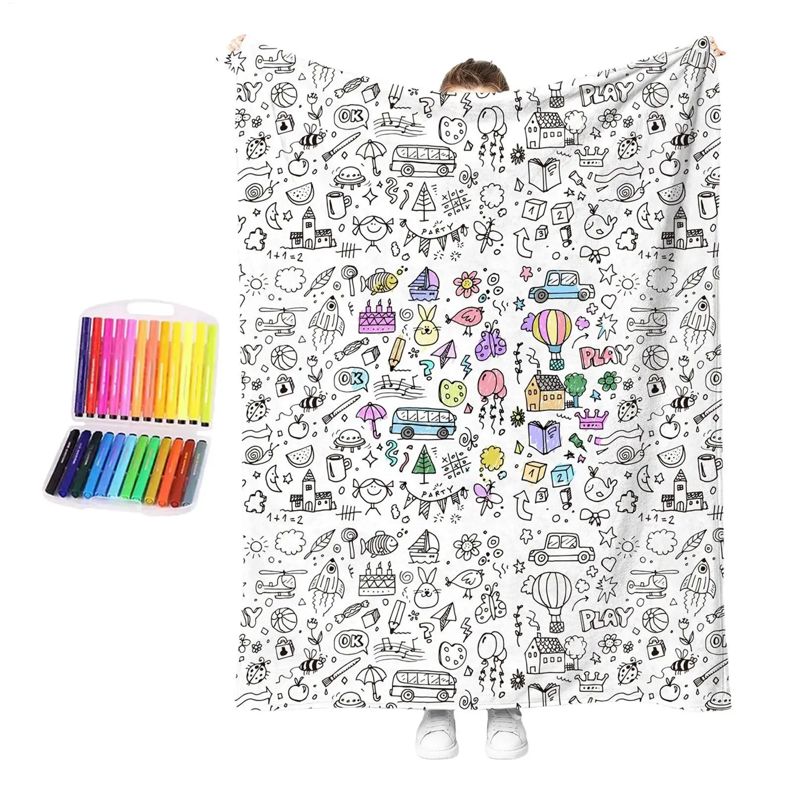Color Your Own Blanket with 24 Markers 39.4x55.1 Inch Soft DIY Coloring Throw Creative Art Gift for Kids Adults Bedroom Sofa
