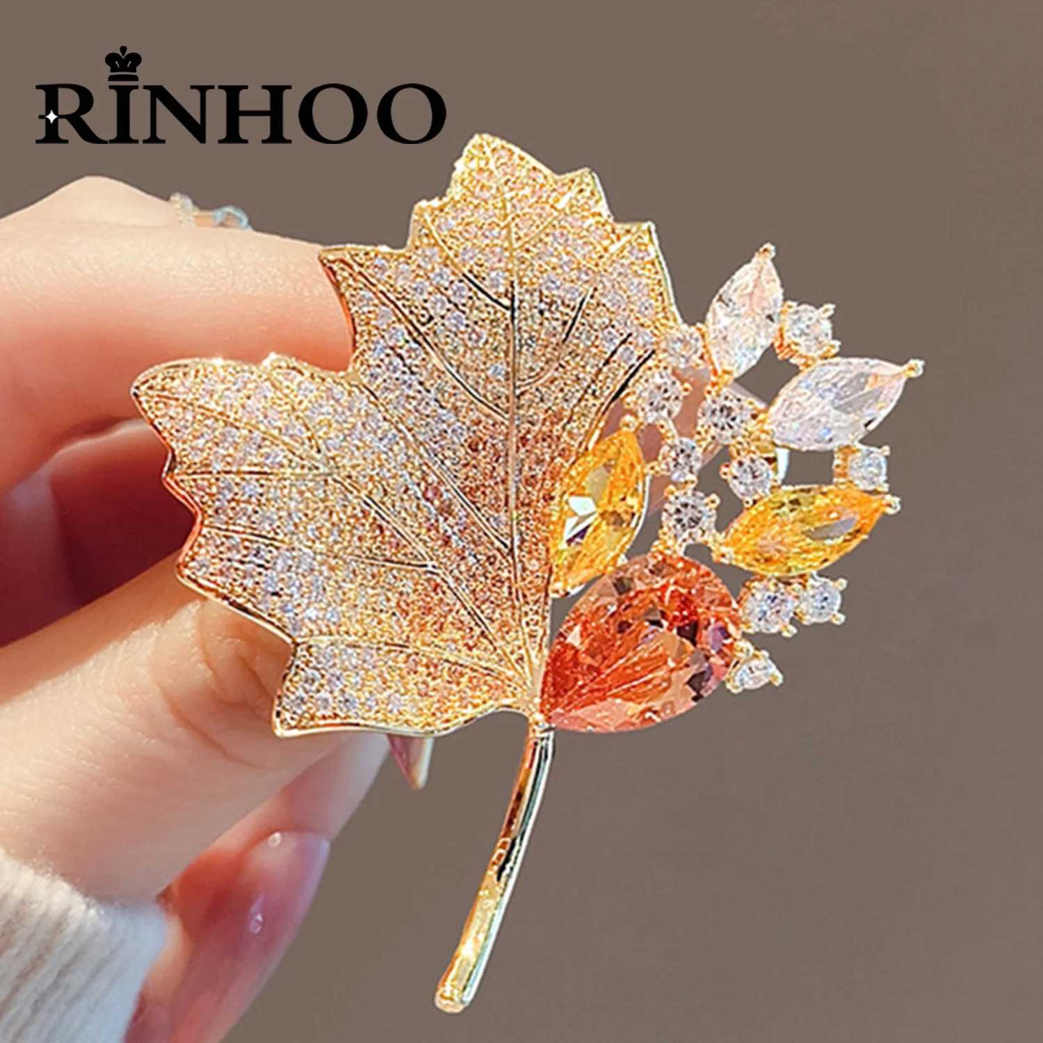 Rinhoo Full Rhinestone Maple Leaves Brooches For Women Vintage Yellow Green Crystal Leaf Lapel Pins Plant Buckle Badges Jewelry