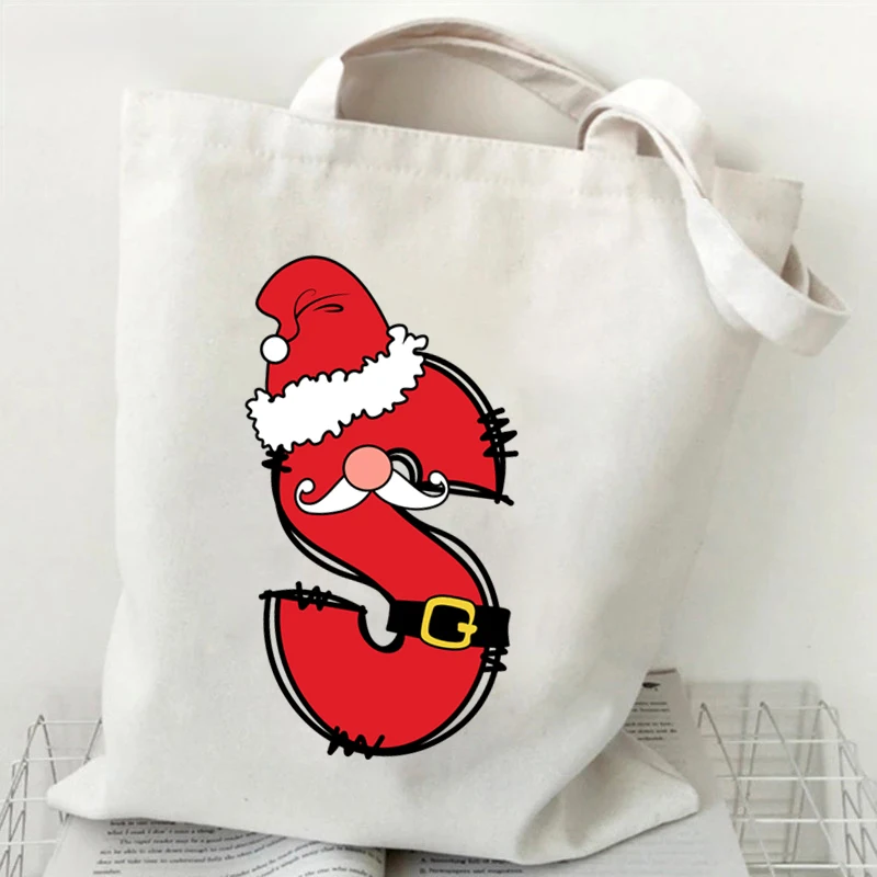 Fashion Christmas Santa Alphabet A~Z Ladies Canvas Tote Casual Shoulder Bag Eco Portable Travel Shopping Bag Purses Handbags