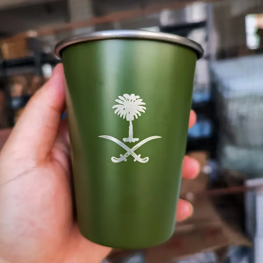 The national emblem of Saudi Arabia logo Simple design 304 Stainless Steel Beer Mug Outdoor Camping Coffee Mug Wholesale 345ml