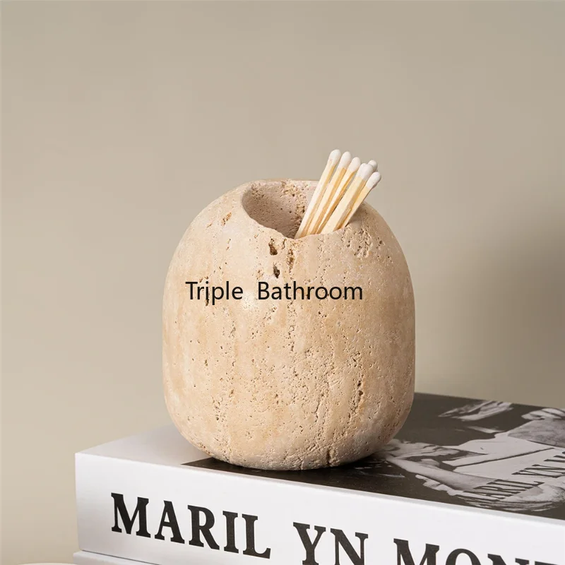 1 piece of retro European natural yellow limestone match can, home decoration toothpick can bathroom accessories