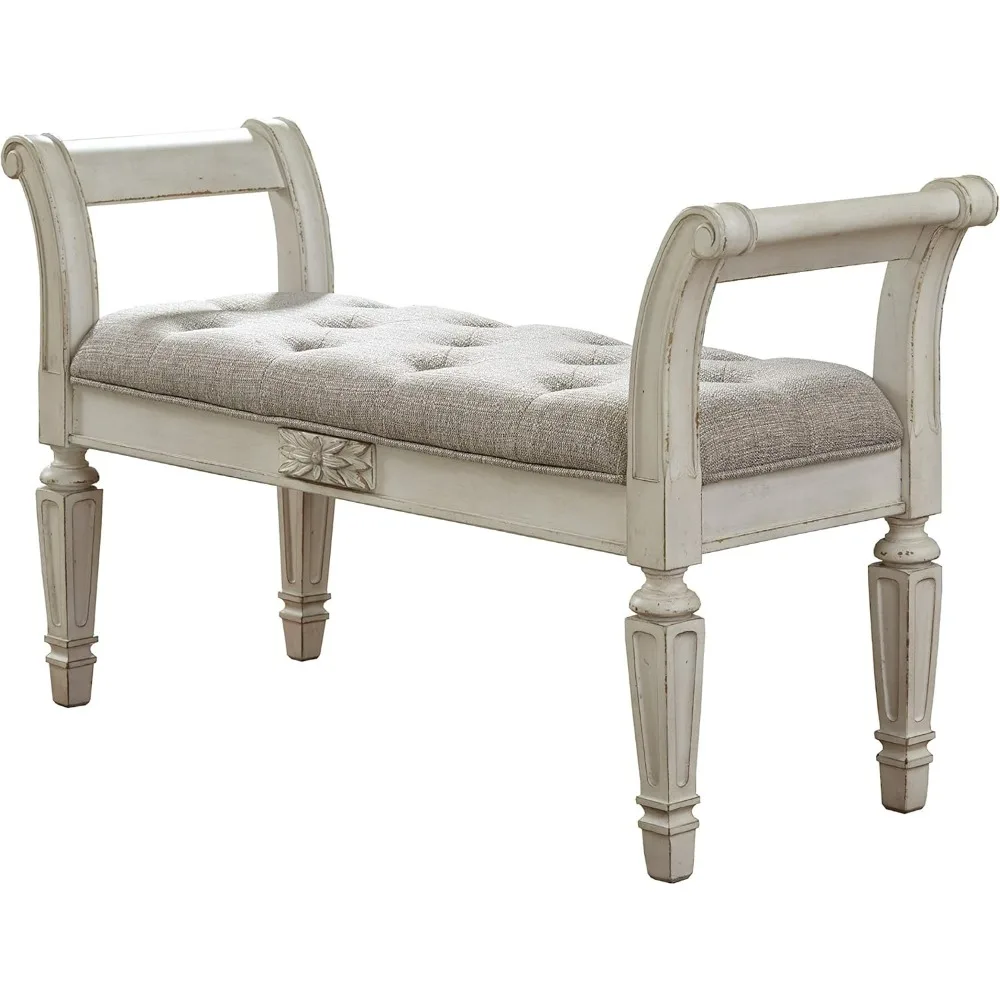 Realyn French Country Upholstered Tufted Accent Bench, Antique White