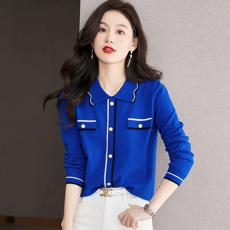 Fashion Lapel Knitted Spliced Button Korean Blouses Women\'s Clothing 2023 Autumn Winter Loose Commuter Tops Casual Shirts