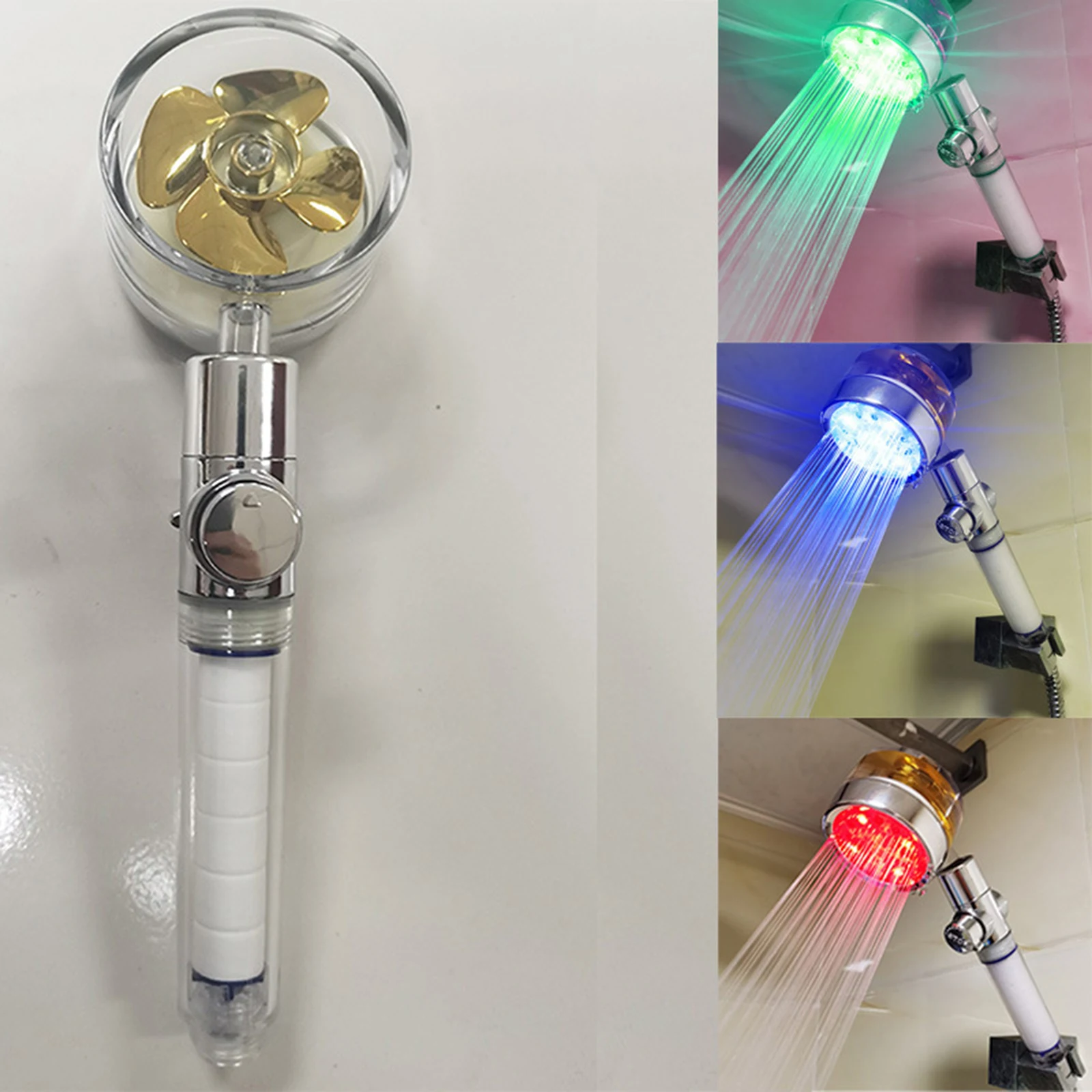 Temperature Control LED Shower With Fan Colorful Shower Sprayer Water Saving Head Three Color Color Shower Bathroom Accessories