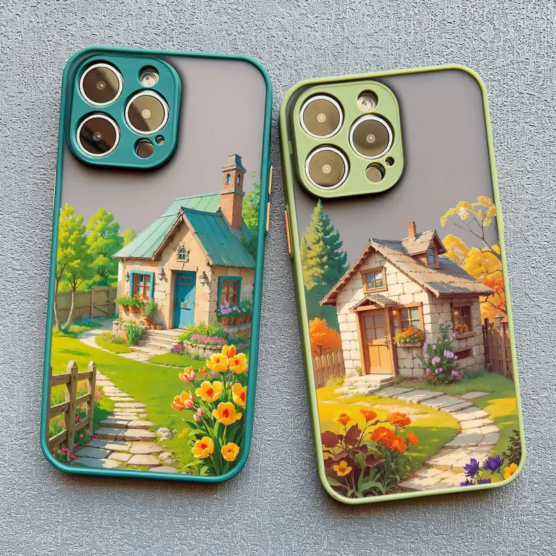 Coque de téléphone paysage de scène de maison de Villa de vacances pour iPhone 16 12 13 14 11 15 Pro Max Mini Plus XR XS X 7 8 étui de paysage de dessin animé