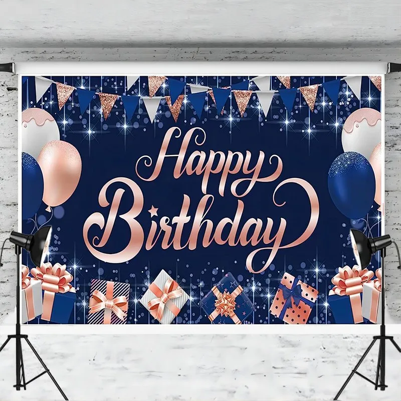 Navy Blue and Rose Gold Happy Birthday Backdrop Banner Balloon Garland Confetti Balloons Photography Background Party Decoration